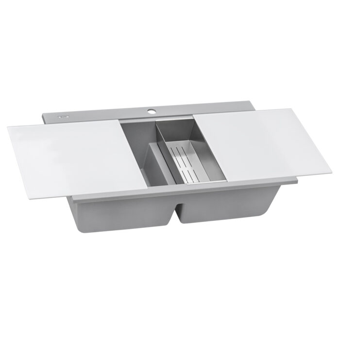 epiGranite Model: RVG1350GR Ruvati 34 inch epiGranite Drop-in Topmount Workstation Ledge Granite Composite Quartz Kitchen Sink – Silver Gray – RVG1350GR