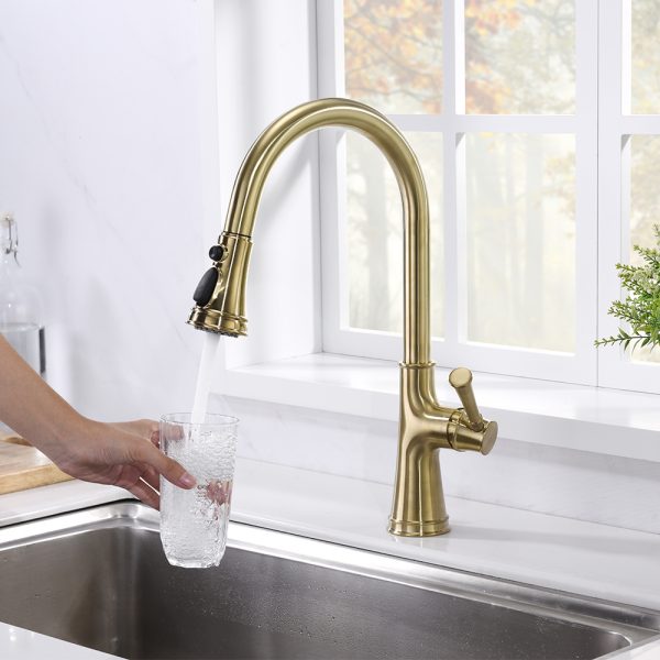 Single Handle 1 Hole Pull-Down Kitchen Faucet in Satin Gold – Model# KSK1129SG
