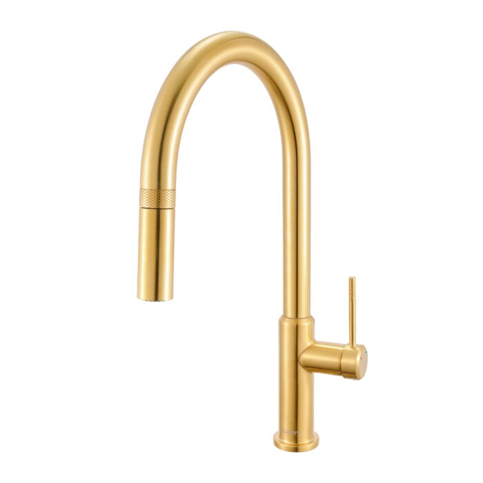Vestia Model: RVF1237SG Ruvati Vestia Single Handle Pull Down Kitchen Faucet Knurled Modern Arc with Sprayer in Brushed Gold – RVF1237SG