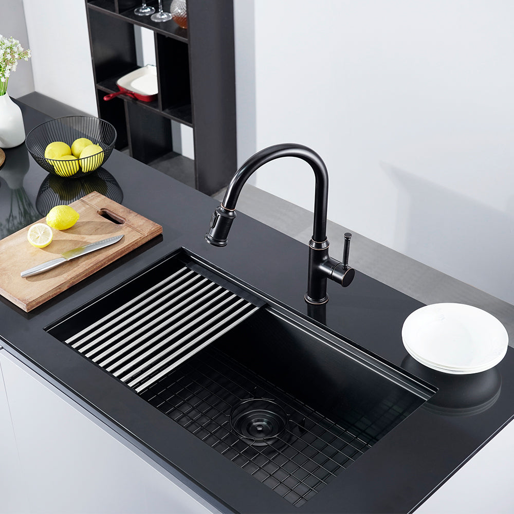 Oakland 32″ Workstation Under Mount Kitchen Sink 90 Degree Zero Radius in Matte Black Model# WSH321910MB