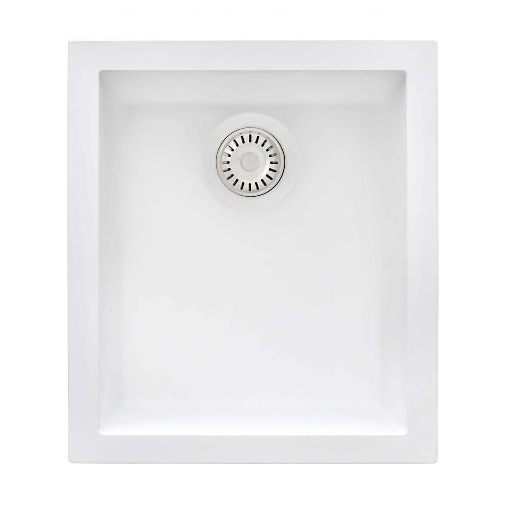 epiGranite Model: RVG2016WH Ruvati 15 x 17 inch Granite Composite Quartz Undermount Single Bowl Wet Bar Prep Sink – Arctic White Matte – RVG2016WH