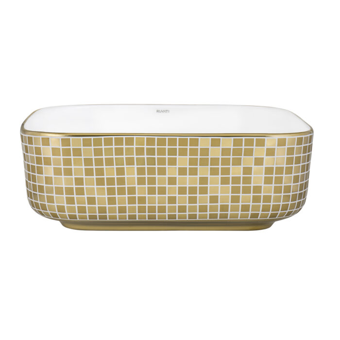 Pietra Model: RVB1515WG4 Ruvati 15 x 15 inch Bathroom Vessel Sink Gold Decorative Pattern Above Vanity Counter White Porcelain Ceramic – Model# RVB1515WG4