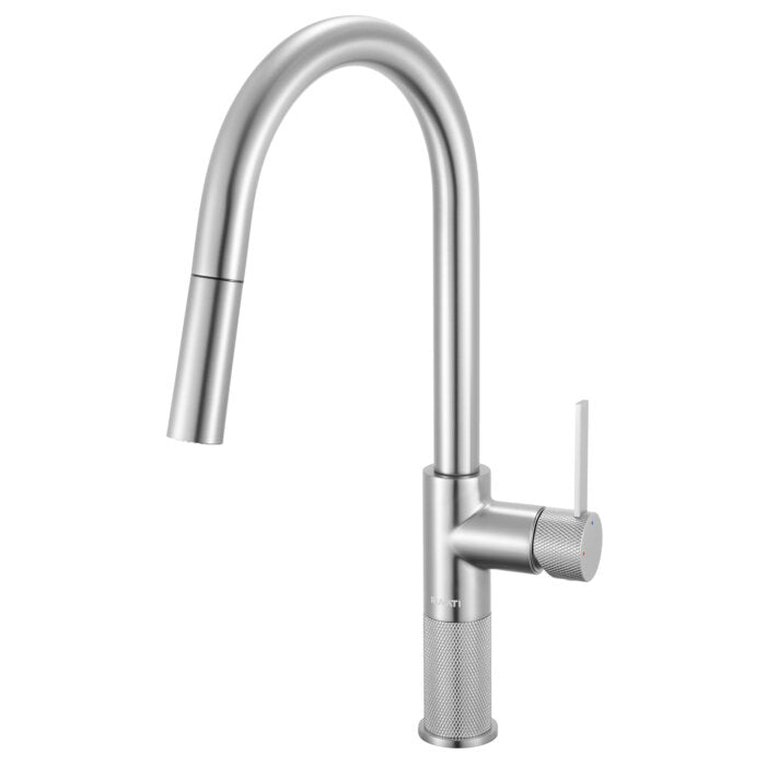 Isola Model: RVF1248BN Ruvati Isola Single Handle Pull Down Kitchen Faucet Knurling Contemporary Tall Arc in Stainless Steel – RVF1248BN