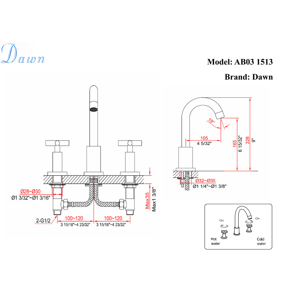 Dawn 8" Widespread Lavatory Faucet with Two Cross Handles In Brushed Nickel Finish Model# AB03 1513BN