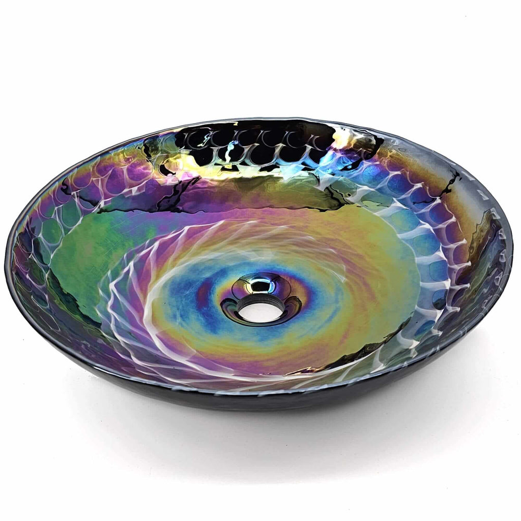 Murano Model: RVB3049 Ruvati 16 inch Murano Glass Art Vessel Circle Decorative Pattern Bathroom Sink – Cosmic Black – RVB3049