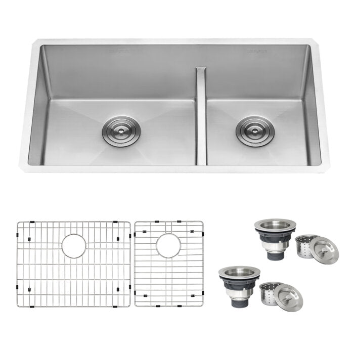 Urbana Ruvati 33" Low-Divide Undermount 60/40 Double Bowl 16 Gauge Rounded Corners Stainless Steel Kitchen Sink – Model # RVH7419