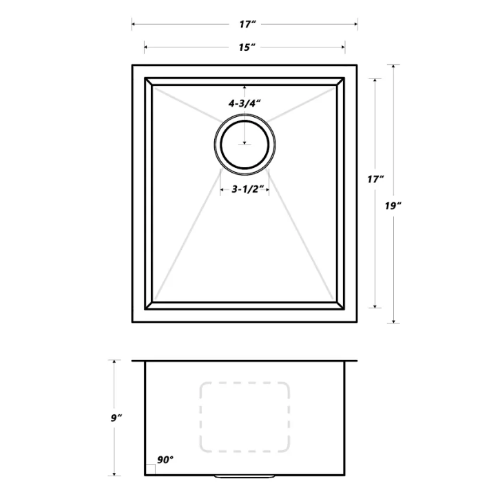 17″ Zero Radius Stainless Steel Kitchen Sink - Model #KSH17199S