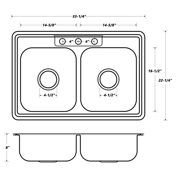 Oakland 33″ Drop-In Top Mount Stainless Steel 50/50 Double Bowl Kitchen Sink 3 Hole Model# KST332288B-3