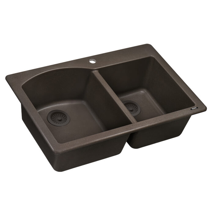 epiGranite Model: RVG1344ES Ruvati 33 x 22 inch epiGranite Drop-in Topmount Granite Composite Quartz Double Bowl Kitchen Sink – Espresso Brown – RVG1344ES