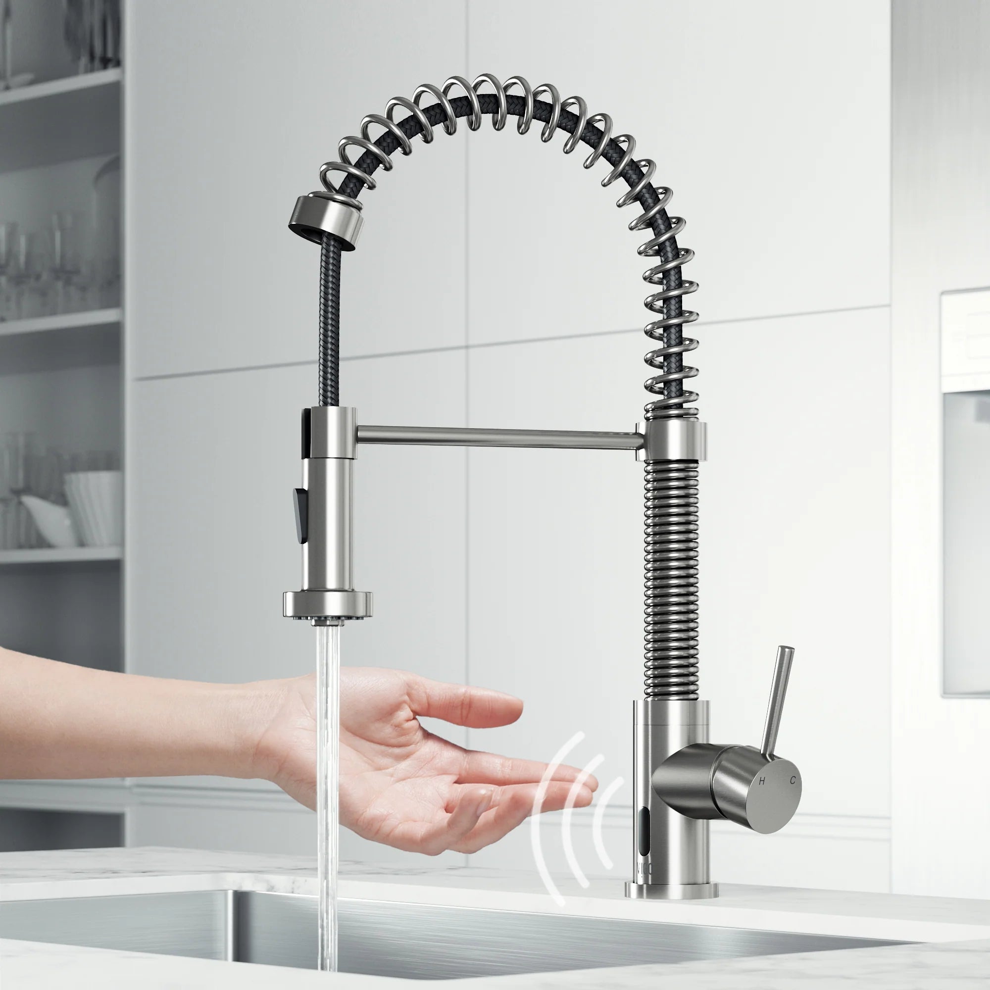 VIGO - Edison 19" Single Handle Smart Pull-Down Touchless Kitchen Faucet With Spring In Stainless Steel Finish Model# VG02001STS