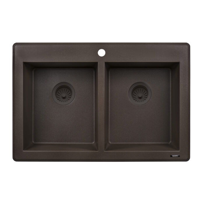 epiGranite Model: RVG1388ES Ruvati 33 x 22 inch epiGranite Drop-in Topmount Granite Composite Quartz Double Bowl Kitchen Sink – Espresso Brown – RVG1388ES