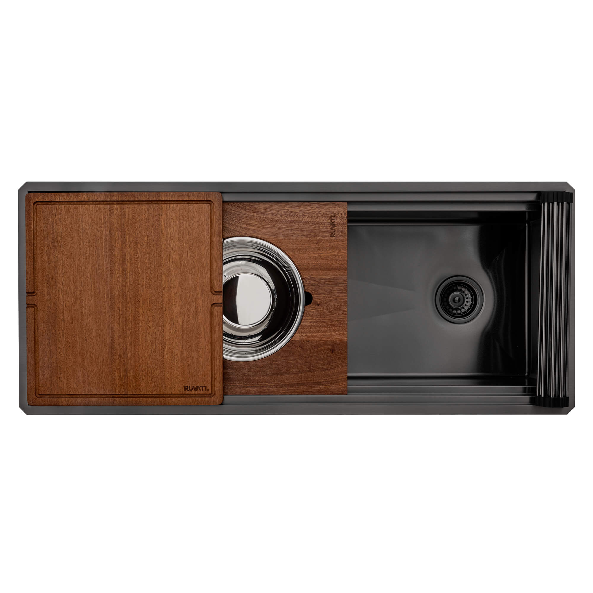 Dual-Tier Pro Ruvati 45-inch Gunmetal Black Stainless Steel Workstation Two-Tiered Ledge Undermount Kitchen Sink – Model# RVH6333BL