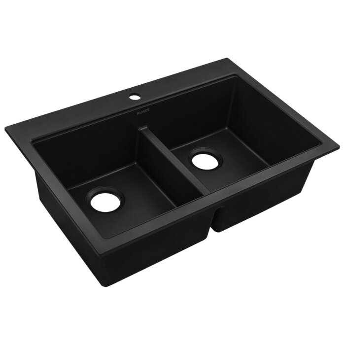 epiGranite Model: RVG1385BK Ruvati 33 x 22 inch epiGranite Drop-in TopMount Granite Composite Quartz Double Bowl Low Divide Kitchen Sink – Midnight Black – RVG1385BK