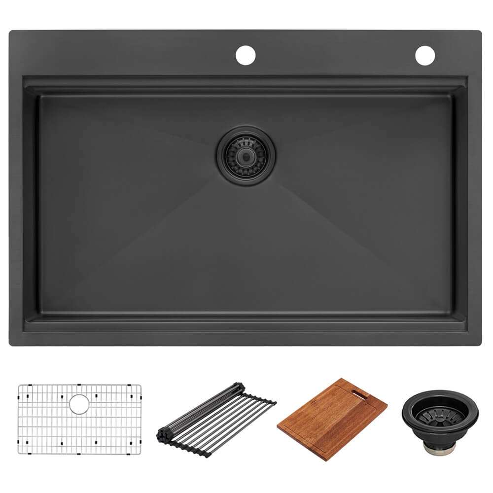 Giana Ruvati 33 inch Gunmetal Black Stainless Steel Workstation Drop-in Topmount Kitchen Sink Single Bowl – Model# RVH5003BL