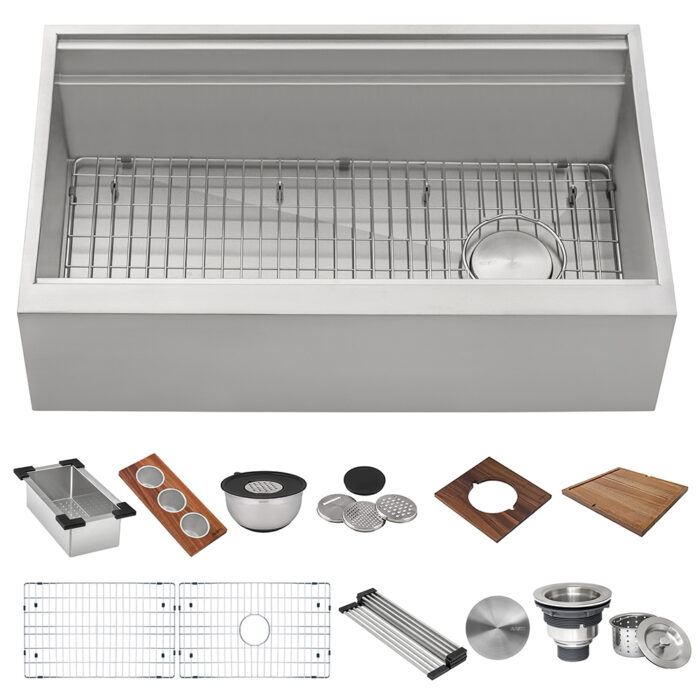 Dual Tier Model: RVH9333 Ruvati 45-inch Workstation Two-Tiered Ledge Kitchen Sink Apron-Front 16 Gauge Stainless Steel