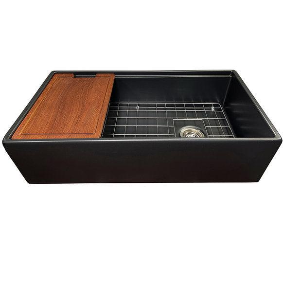 Nantucket Sinks - 36" Fireclay Farmhouse Workstation Single Bowl Kitchen Sink In Matte Black Model# T-PS36MB
