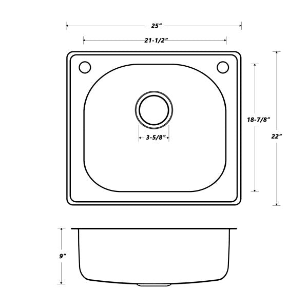 Oakland 25″ D-shape Drop-In Top Mount Stainless Steel Single Bowl 2 Hole Kitchen Sink Model# KST25229B-2