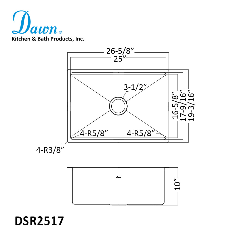 Dawn - Undermount Stainless Steel Small Radius Corners Single Bowl Kitchen Sink - Model# DSR2517