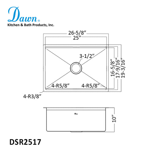 Dawn - Undermount Stainless Steel Small Radius Corners Single Bowl Kitchen Sink - Model# DSR2517