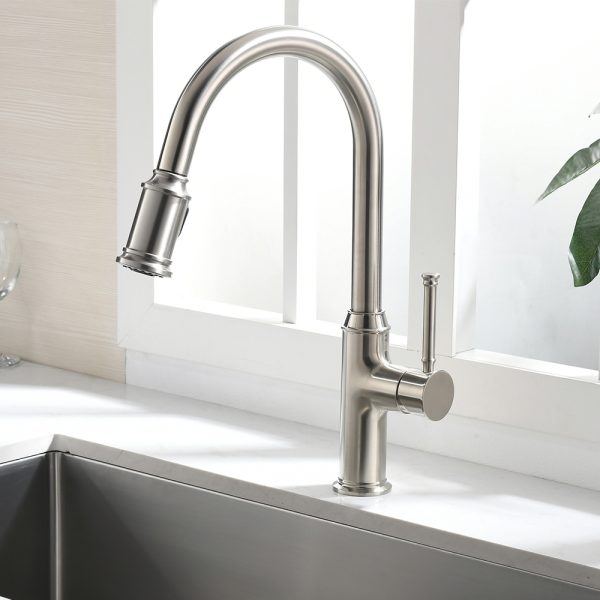 Single Handle Pull-Down 1 Hole Kitchen Faucet in Brushed Nickel Model# KSK1124BN