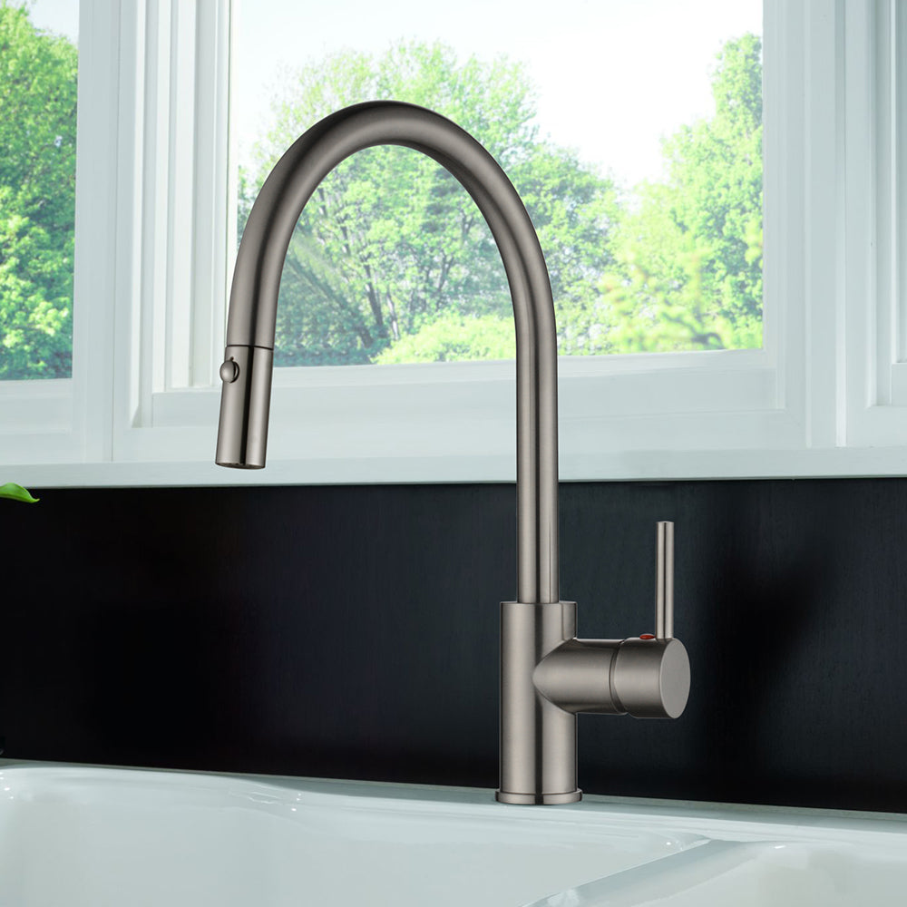 Single Handle 1 Hole Pull-Down Kitchen Faucet in Brushed Nickel – Model# KSK1126BN