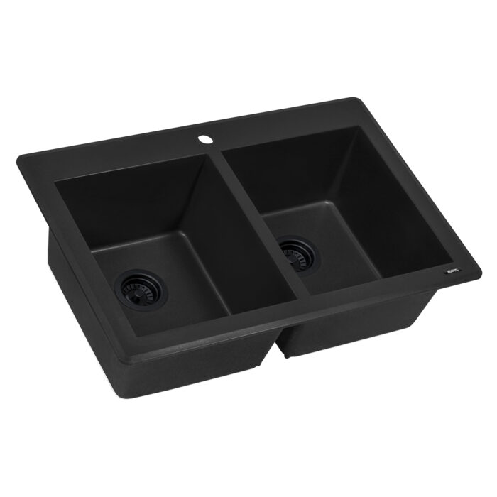 epiGranite Model: RVG1388BK Ruvati 33 x 22 inch epiGranite Drop-in Topmount Granite Composite Quartz Double Bowl Kitchen Sink – Midnight Black – RVG1388BK