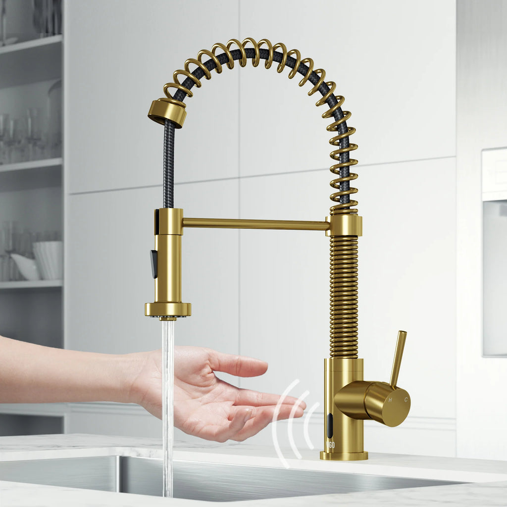 VIGO - Edison 19" Single Handle Smart Pull-Down Touchless Kitchen Faucet With Spring In Matte Brushed Gold Finish Model# VG02001MGS