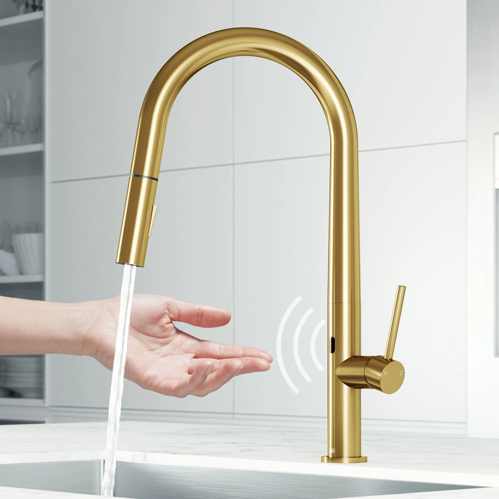 VIGO - Greenwich 18 in. Single Handle Smart Pull-Down Touchless Sensor Kitchen Faucet In Matte Brushed Gold Finish Model# VG02029MGS