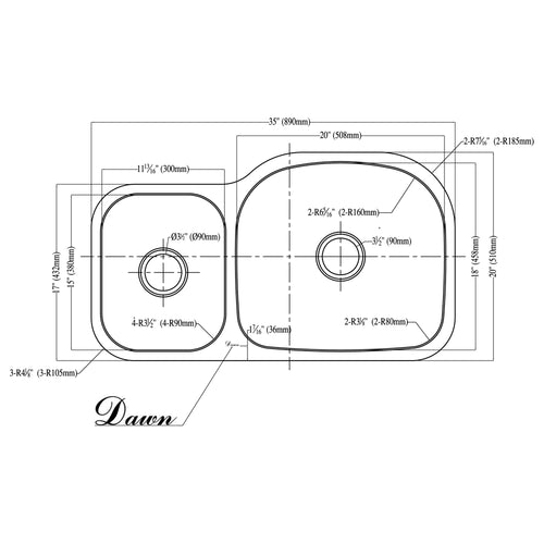 Dawn 35" Undermount Unequal Double Bowl Stainless Steel Kitchen Sink Model #ASU107L