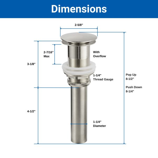 Oakland Bathroom Sink Drain Push Style Pop-Up Less Overflow in Brushed Nickel Finish Model# KSPOP-02