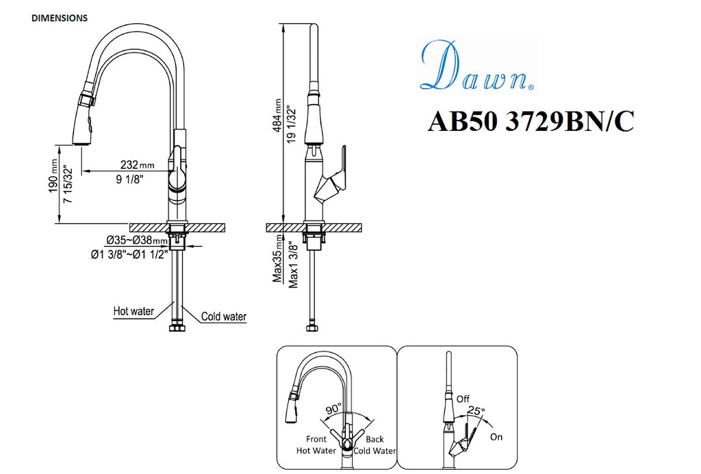 Dawn Single-Lever Pull-Out Spray Kitchen Faucet with Black Rubber Hose In Brushed Nickel Model# AB50 3729BN