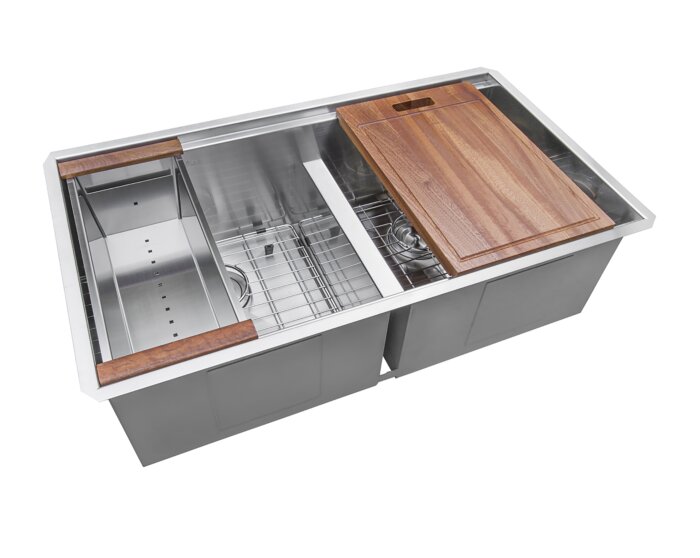 Roma Ruvati 30-inch Workstation Ledge 50/50 Double Bowl Undermount 16 Gauge Stainless Steel Kitchen Sink – Model # RVH8345