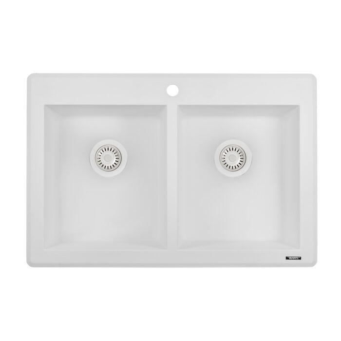 epiGranite Model: RVG1388WH Ruvati 33 x 22 inch epiGranite Drop-in Topmount Granite Composite Quartz Double Bowl Kitchen Sink – Arctic White Matte – RVG1388WH