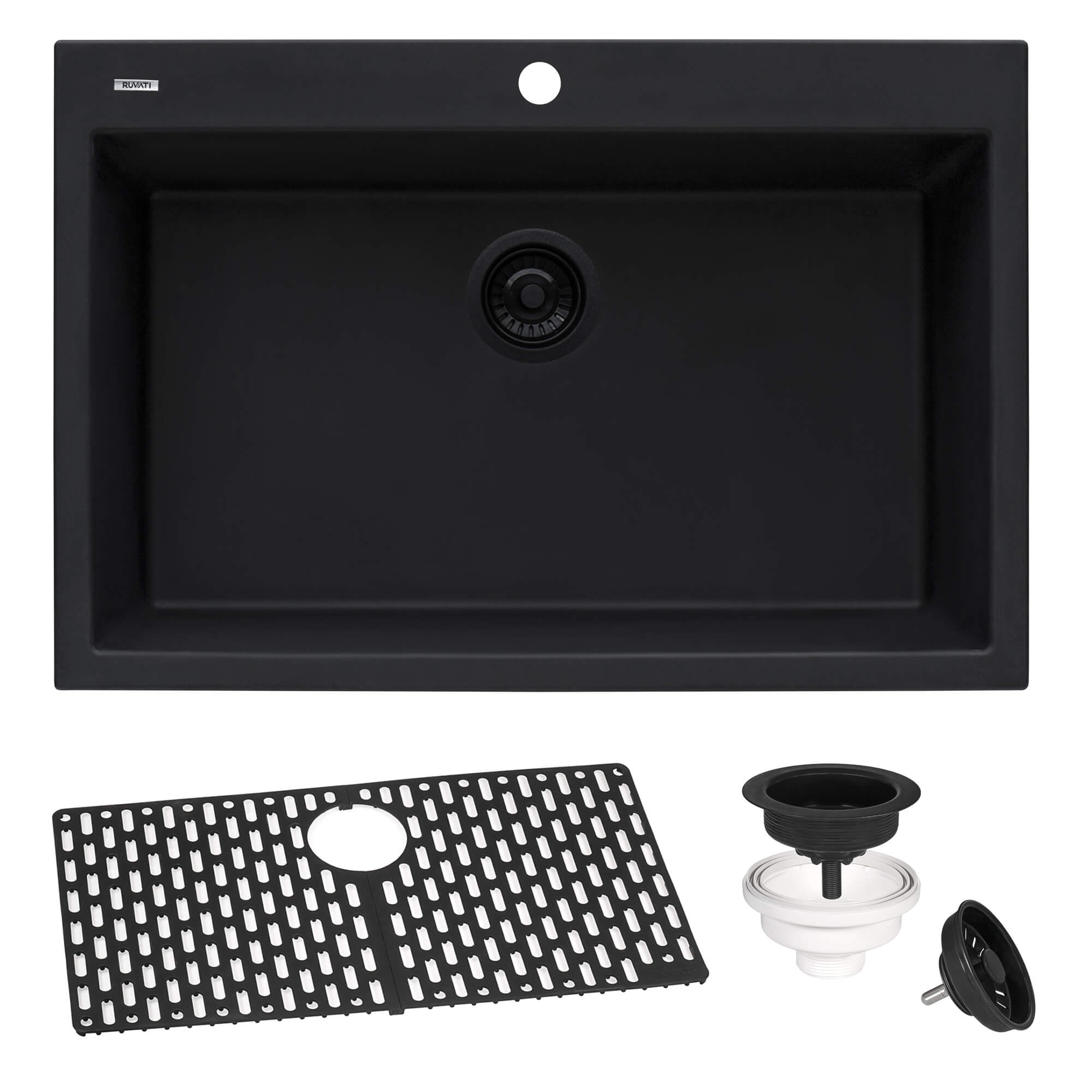 Ruvati 27 x 20 inch Drop-in Topmount Granite Composite Quartz Single Bowl Kitchen Sink – Midnight Black – RVG1027BK