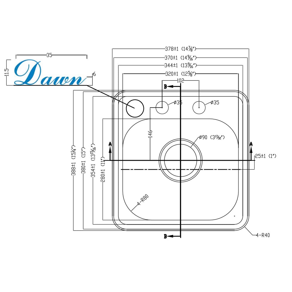 Dawn Single Bowl Stainless Steel Topmount Bar/Prep Sink With 2 Holes For Faucet Model# BST1515
