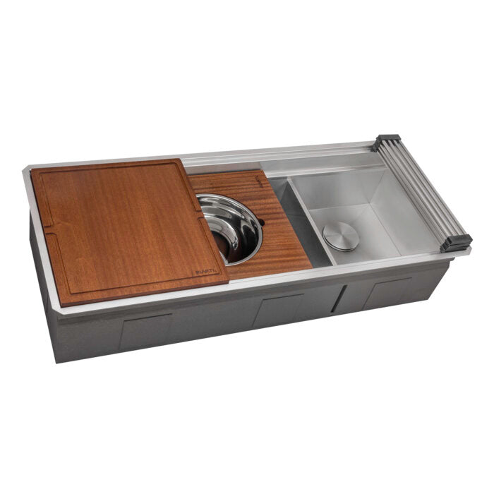 Dual Tier Model: RVH8253 Ruvati 45-inch Double Bowl Workstation Two-Tiered Ledge Kitchen Sink Undermount 16 Gauge Stainless Steel – RVH8253
