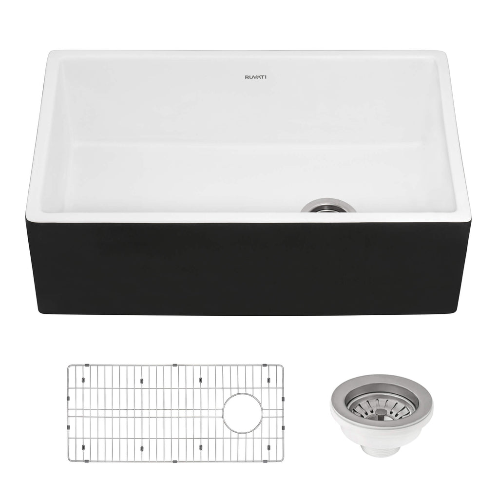 Fiamma Model: RVL4018RBW Ruvati Black and White 30-inch Fireclay Farmhouse Offset Drain Kitchen Sink Single Bowl – RVL4018RBW