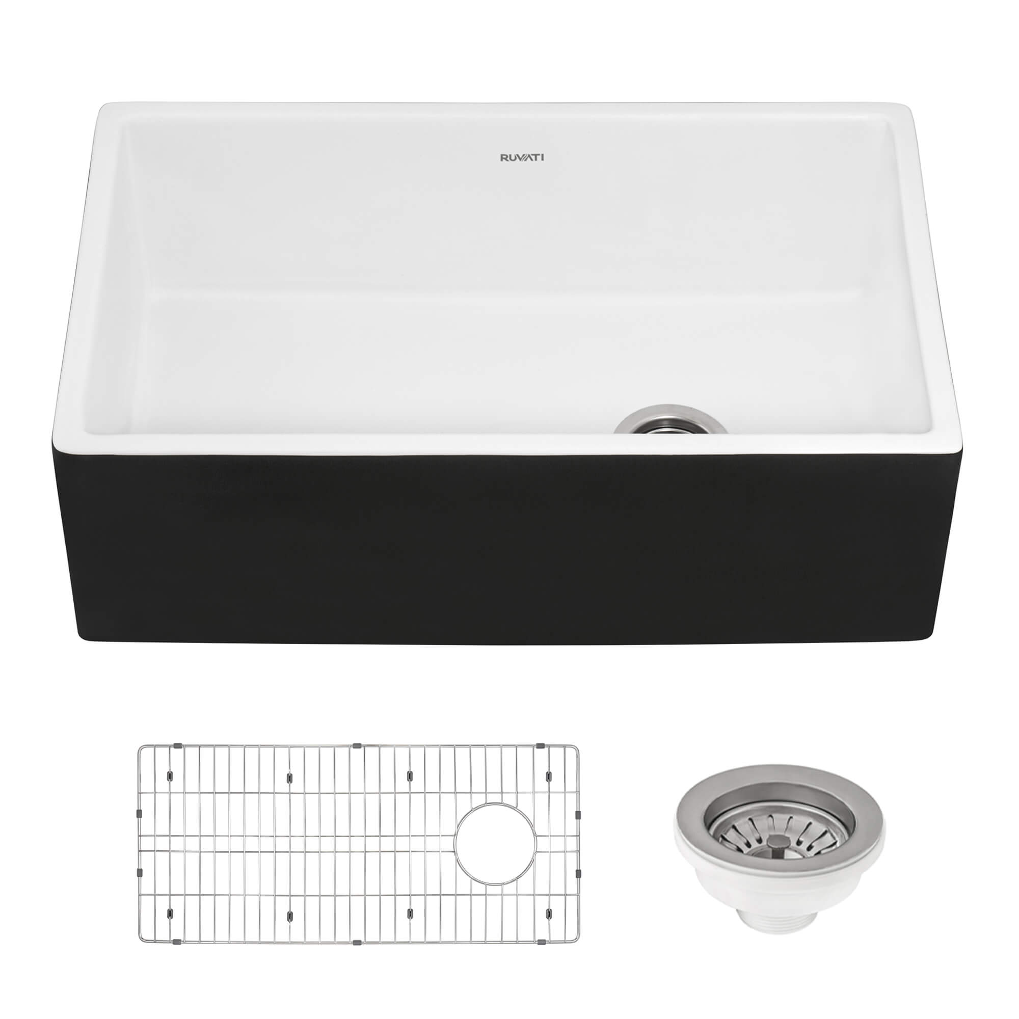 Fiamma Model: RVL4018RBW Ruvati Black and White 30-inch Fireclay Farmhouse Offset Drain Kitchen Sink Single Bowl – RVL4018RBW