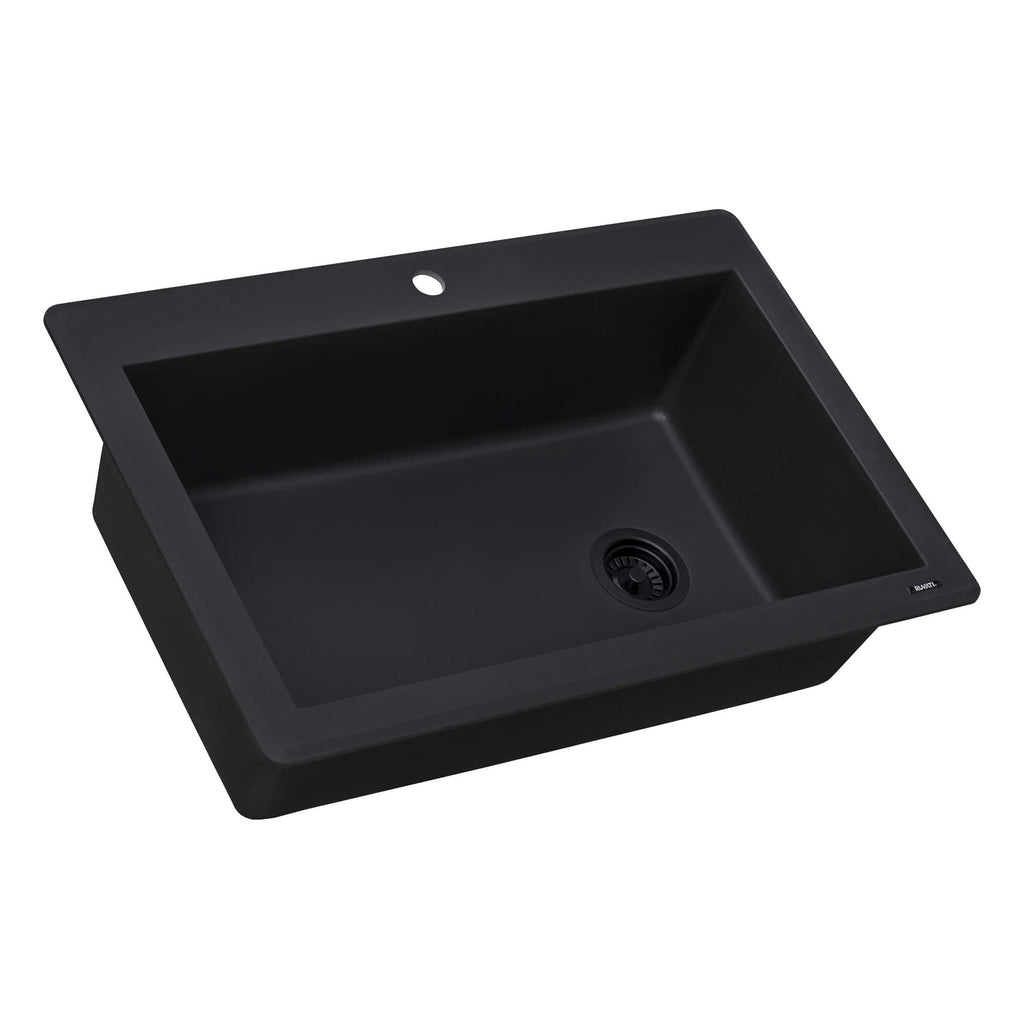 epiGranite Model: RVG1033BK Ruvati 33 x 22 inch epiGranite Drop-in Topmount Granite Composite Quartz Single Bowl Kitchen Sink – Midnight Black – RVG1033BK