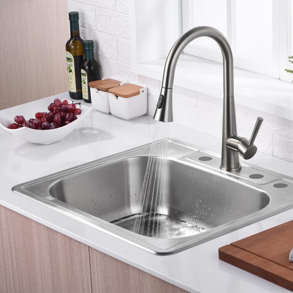 Oakland 25″x22″x8″ Drop-In Top Mount Stainless Steel Single Bowl 4 Hole Kitchen Sink Model# KST25228B-4