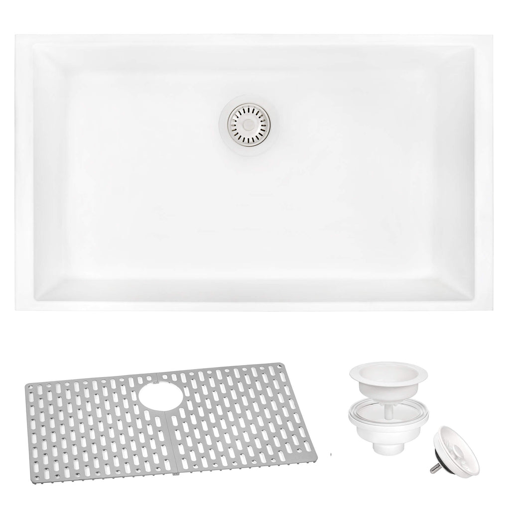 epiGranite Model: RVG2027WH Ruvati 27 x 18 inch Granite Composite Quartz Undermount Single Bowl Kitchen Sink – Arctic White Matte – RVG2027WH