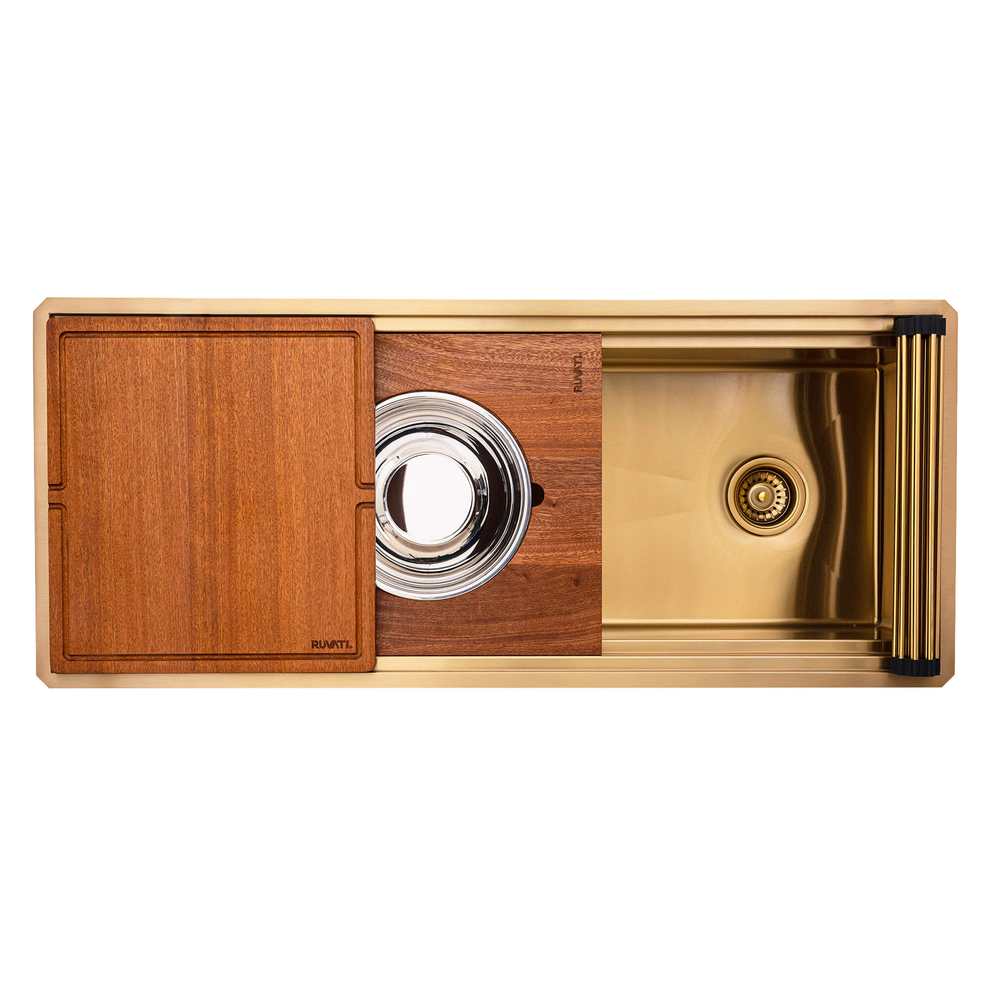 Dual-Tier Pro Ruvati 45" Matte Gold Stainless Steel Workstation Two-Tiered Ledge Undermount Kitchen Sink – Model# RVH6333GG