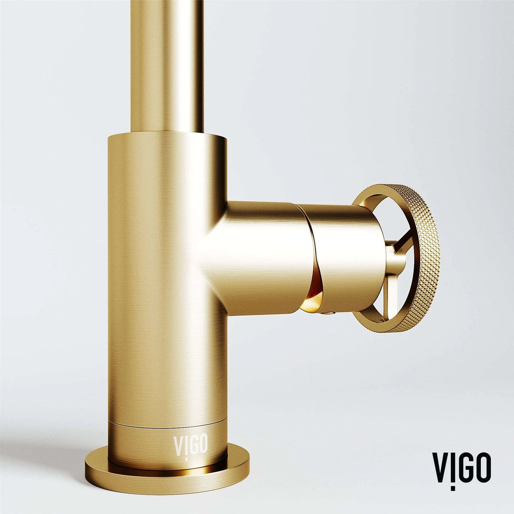VIGO - Cass Single Hole Bathroom Faucet with Knurled Wheel Handle In Matte Brushed Gold Model# VG01047MG