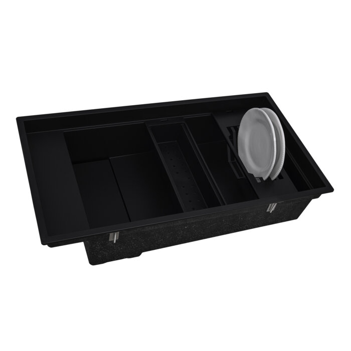 epiStage Model: RVG1650BK Ruvati 18 x 34 inch Granite Composite Quartz Workstation Kitchen Sink epiStage Dual Mount Single Bowl – Black – RVG1650BK