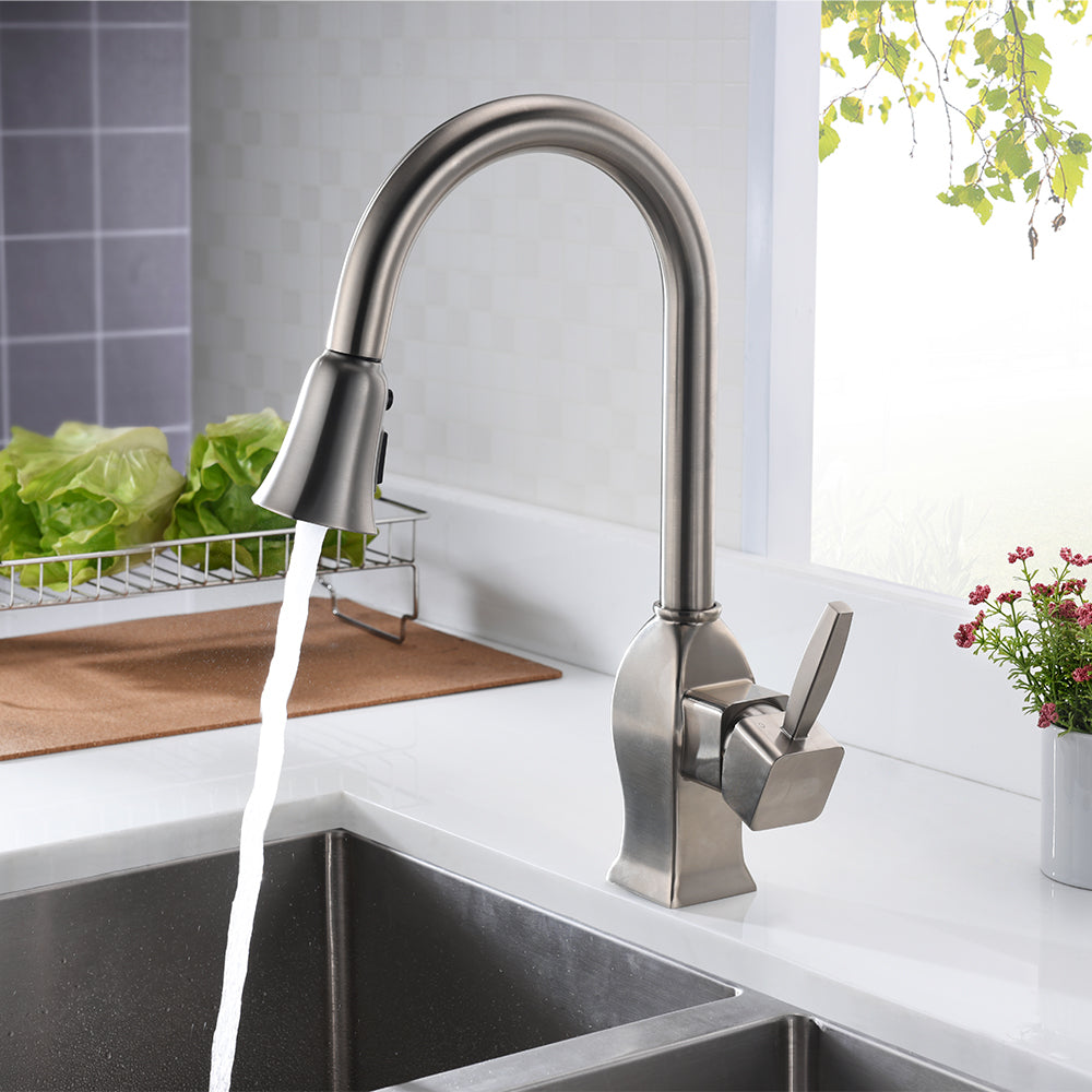 Single Handle 1 Hole Pull-Down Kitchen Faucet in Brushed Nickel – Model# KSK1122BN