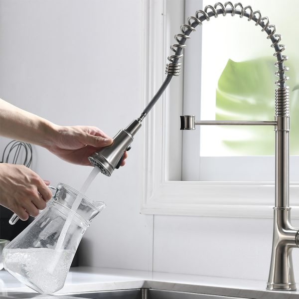 Single Handle 1 Hole Pull-Down Kitchen Faucet with Spring in Brushed Nickel Model# KSK1133BN