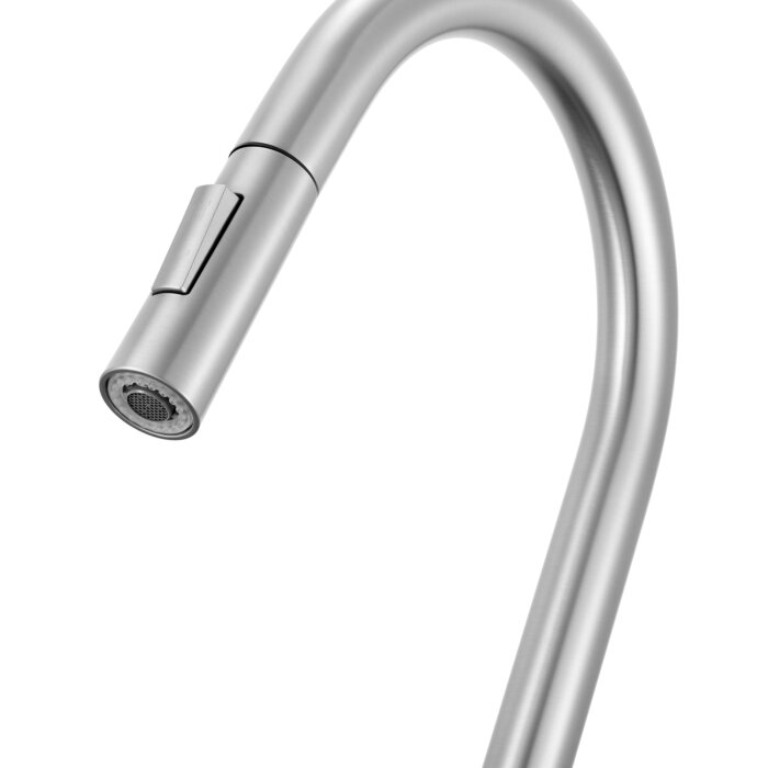Isola Model: RVF1248BN Ruvati Isola Single Handle Pull Down Kitchen Faucet Knurling Contemporary Tall Arc in Stainless Steel – RVF1248BN