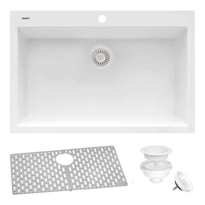 epiGranite Model: RVG1030WH Ruvati 30 x 20 inch epiGranite Drop-in Topmount Granite Composite Quartz Single Bowl Kitchen Sink – Arctic White Matte – RVG1030WH