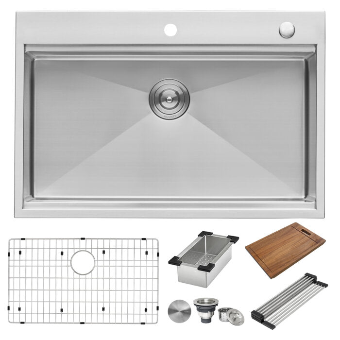 Siena Ruvati 30 x 22 inch Workstation Drop-in Topmount Rounded Corners 16 Gauge Ledge Stainless Steel Kitchen Sink Single Bowl – Model # RVH8030