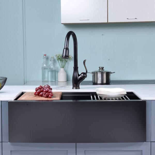 Oakland 33″ Workstation Farmhouse Kitchen Sink 90 Degree Square with Curved Front In Matte Black Model# WSF332110MB